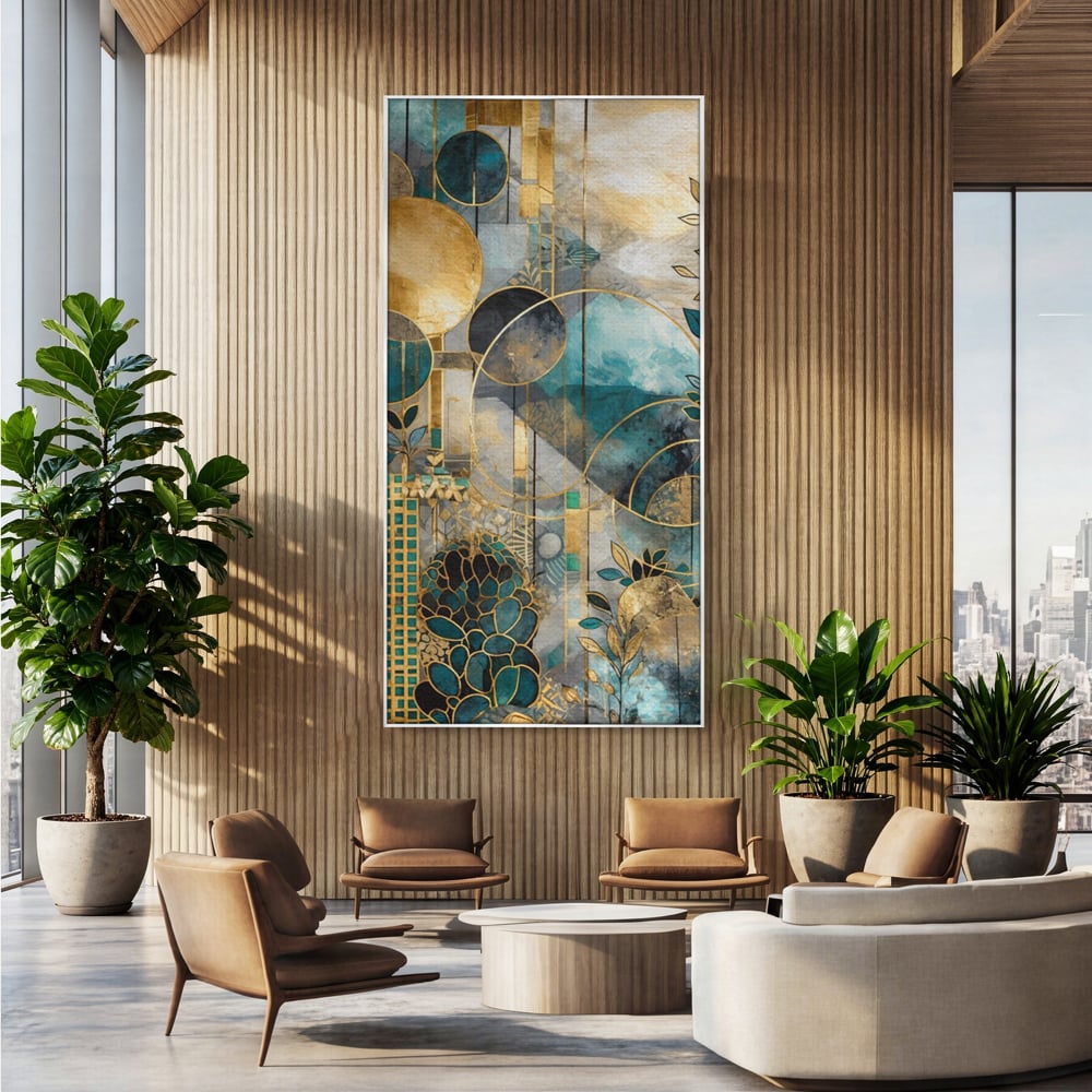Tablou canvas cu compozitie abstracta cu forme geometrice si frunze, in rama de aluminiu argintiu, pe perete intr-un birou